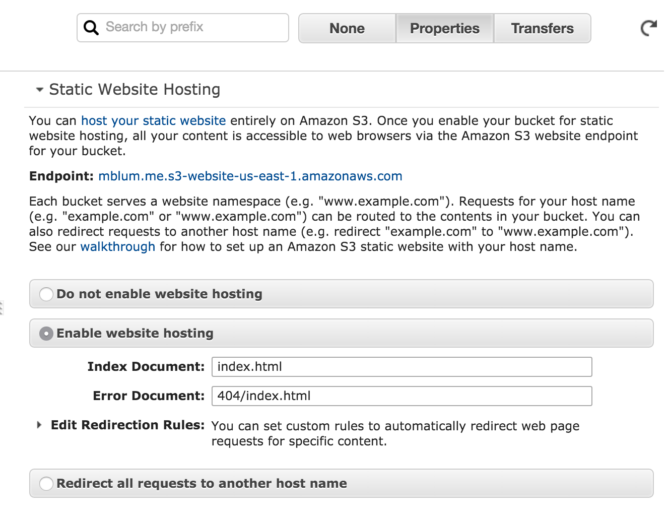 enable static web hosting for the S3 bucket